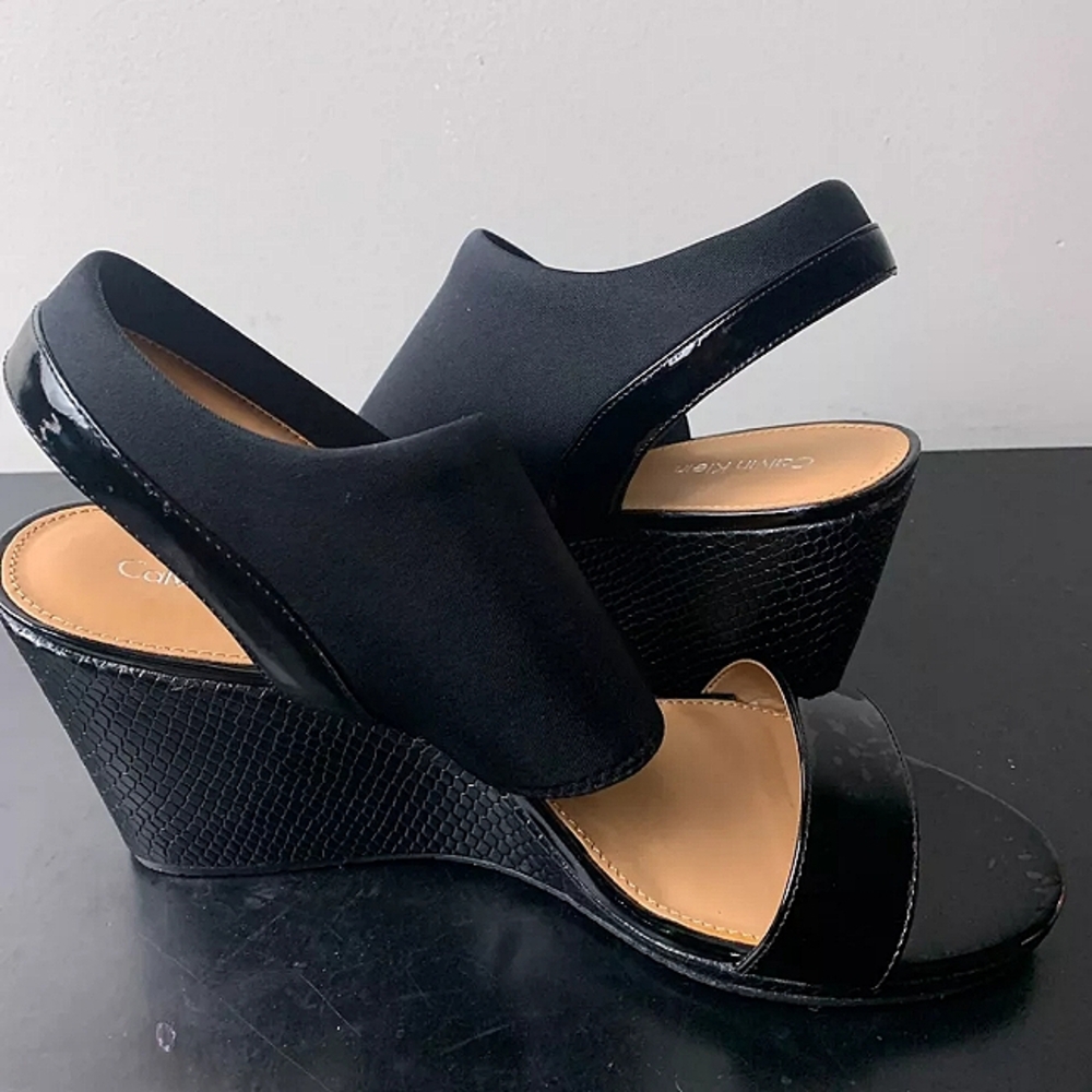 Calvin Klein Bryley Patent Neoprene Black Wedge Sandal